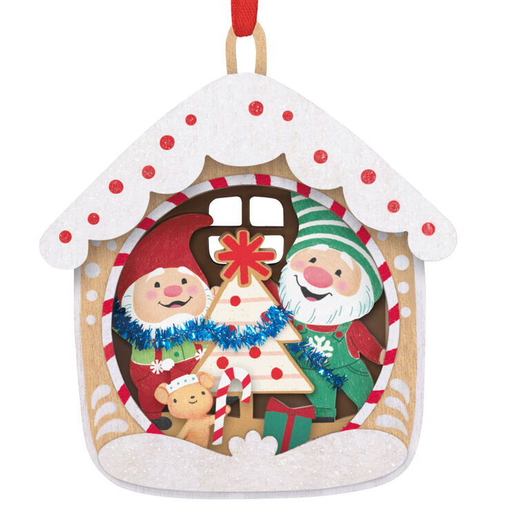Hallmark Keepsake Gnome for Christmas 5th Anniversary papercraft ornament with gnomes, tree, and snow accents.