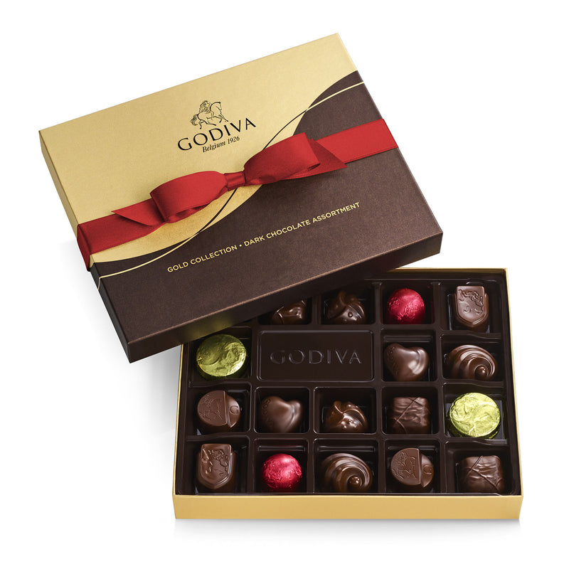 A red-ribboned Godiva gift box containing 18 assorted dark chocolates in a variety of rich flavors. A perfect gift for chocolate lovers.

