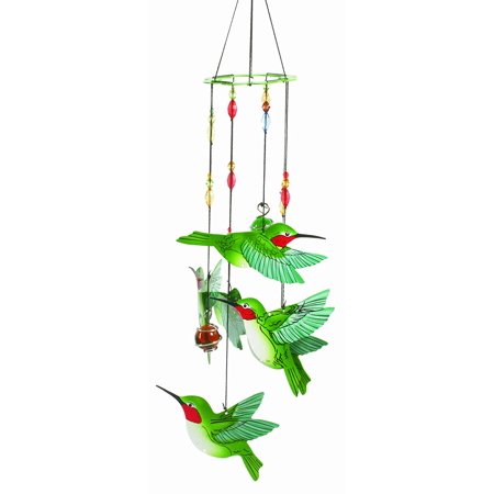 Spoontiques hummingbird wind chime with green glass birds and red beads for garden or patio decor.