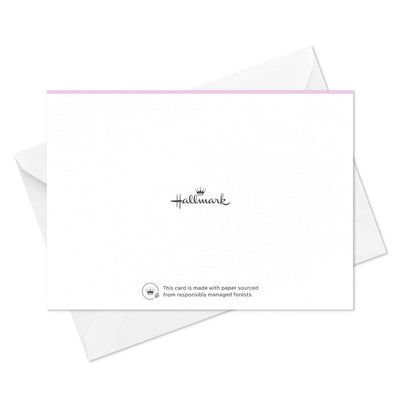 Rose pink blank note cards with gold script lettering and floral corner sketches in kraft box.
