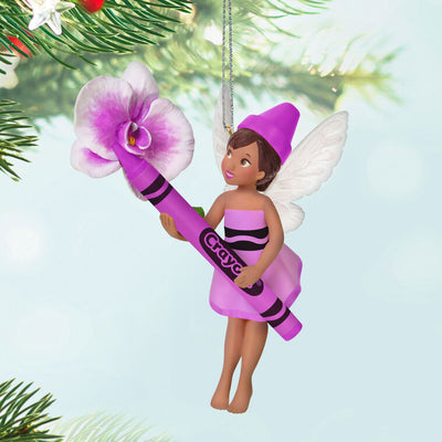 Hallmark Keepsake Crayola Orchid Fairy ornament, pixie in pink with wings, holding a Crayola crayon and flower.
