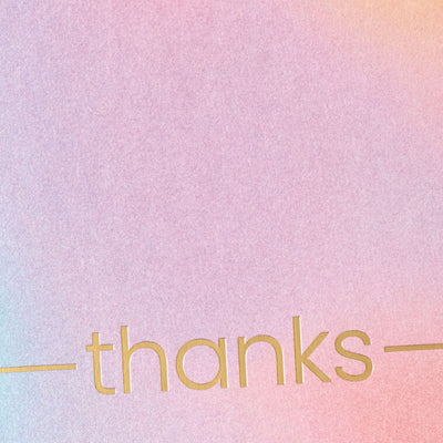 Pastel thank you cards with ombré pink to blue gradient and gold foil lettering, includes 10 blank cards and aqua-lined envelopes