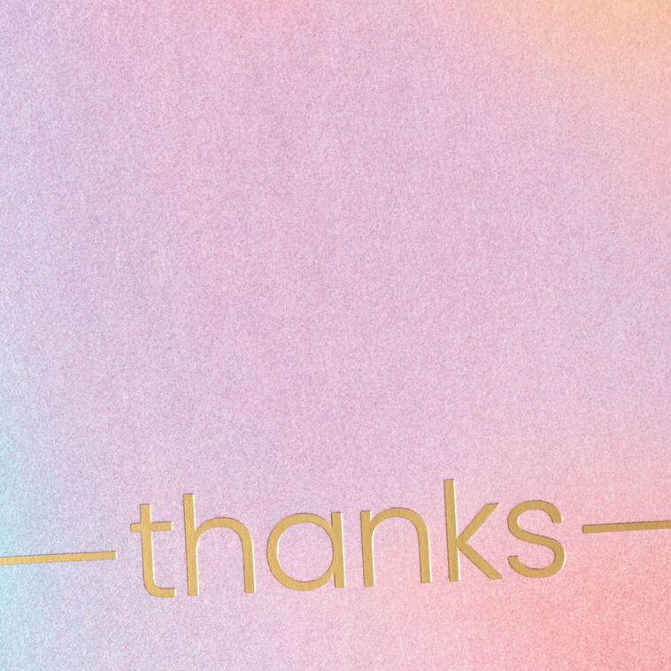 Pastel thank you cards with ombré pink to blue gradient and gold foil lettering, includes 10 blank cards and aqua-lined envelopes