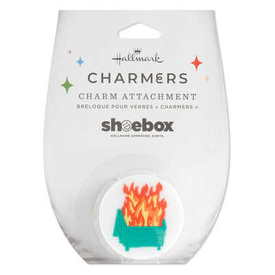 Hallmark Charmers silicone drink charm featuring a flaming dumpster design in red, yellow, and green.