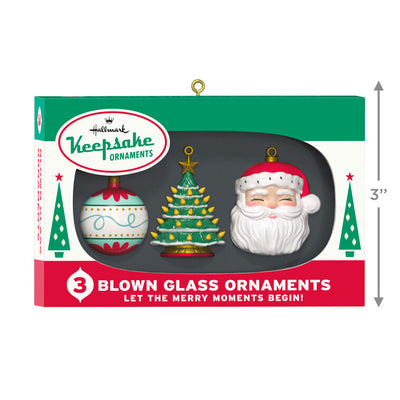 Retro ornament box with three vintage-style glass ornaments: ball, tree, and Santa face