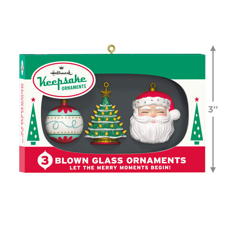 Retro ornament box with three vintage-style glass ornaments: ball, tree, and Santa face