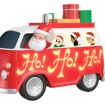Santa and groovy elves in vintage van Christmas ornament with lights and music, battery operated holiday decoration


