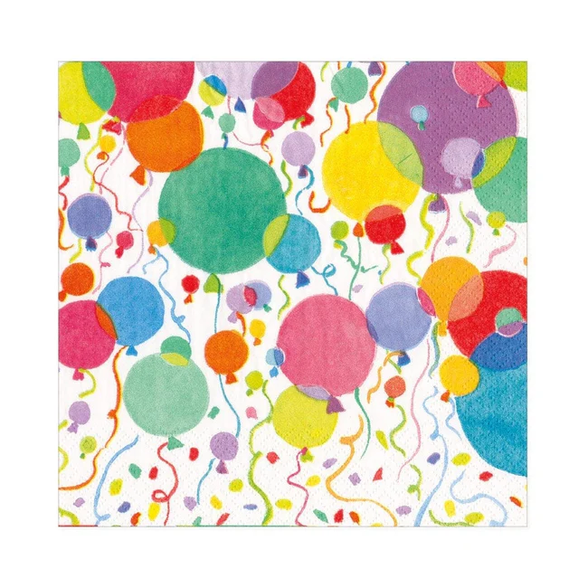 Caspari white luncheon napkin with colorful balloons and confetti design, FSC-certified and triple-ply.