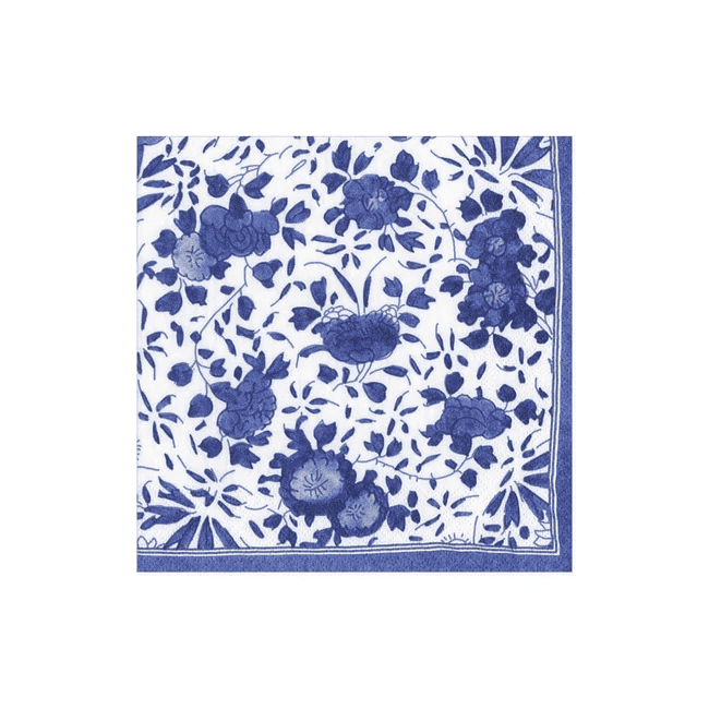 Blue Delft-style cocktail napkin by Caspari with elegant floral design, triple-ply and eco-friendly.