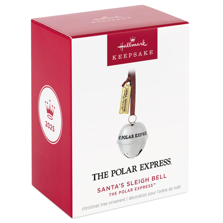 Shiny metal sleigh bell Christmas ornament from The Polar Express with gold ticket tag, faux leather hanger, and commemorative 2025 date.