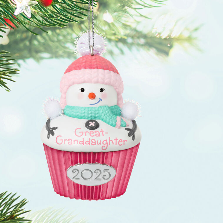 Cupcake-shaped snow-girl ornament with pink hat and green scarf, year-dated 2025 for great-granddaughter Christmas gift


