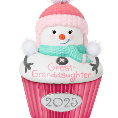 Cupcake-shaped snow-girl ornament with pink hat and green scarf, year-dated 2025 for great-granddaughter Christmas gift

