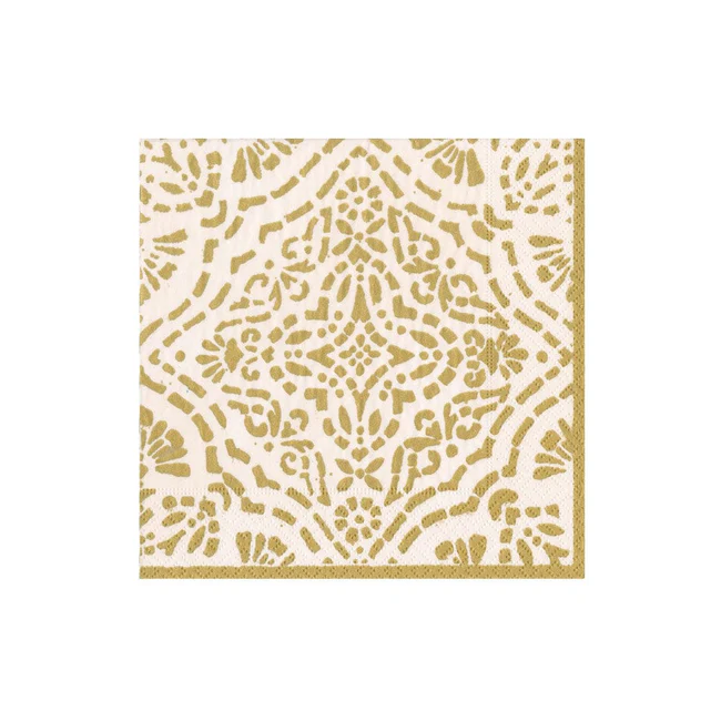  Caspari ivory and gold cocktail napkin with Annika design, triple-ply and FSC-certified.