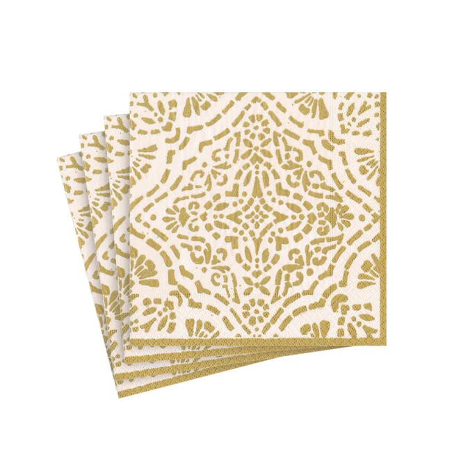  Caspari ivory and gold cocktail napkin with Annika design, triple-ply and FSC-certified.