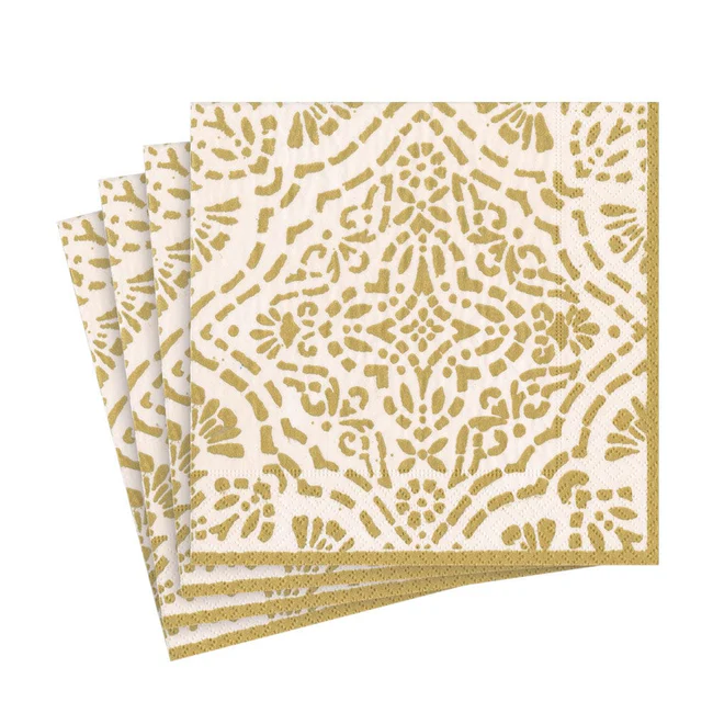 Ivory and gold Caspari luncheon napkin with elegant design, triple-ply, FSC-certified, and biodegradable.