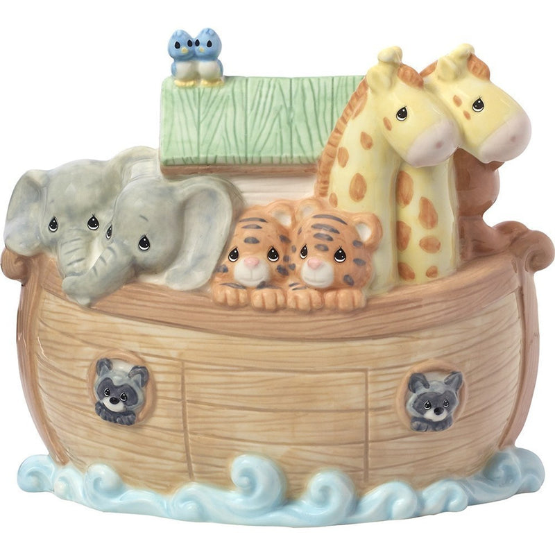 Colorful Noah’s Ark porcelain bank featuring smiling animals, perfect for baby’s nursery décor. A cherished gift for special occasions.