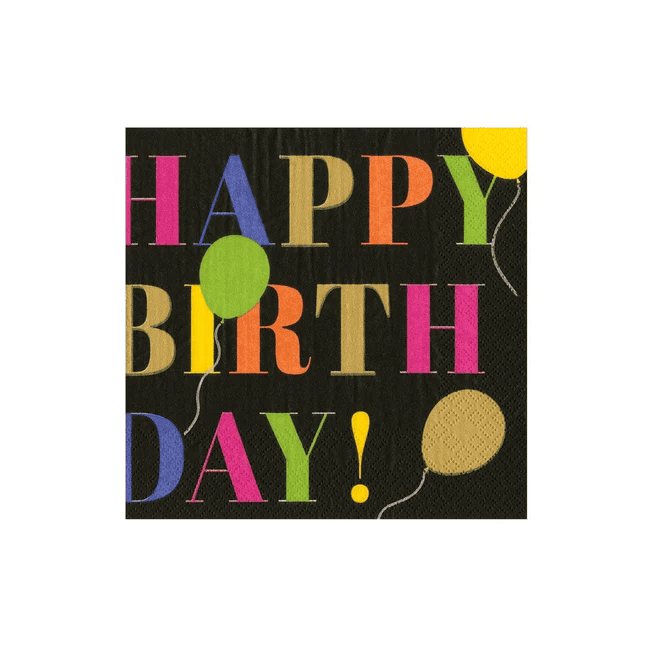 Caspari Birthday Surprise cocktail napkins in black with festive design, triple-ply and FSC-certified for eco-conscious celebrations.