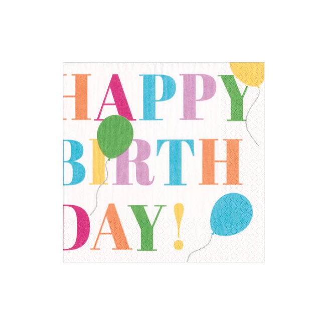 White Caspari Birthday Surprise cocktail napkin with festive design, eco-friendly and triple-ply.
