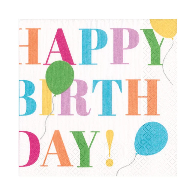  Caspari white luncheon napkin with colorful birthday surprise design, FSC-certified and triple-ply.