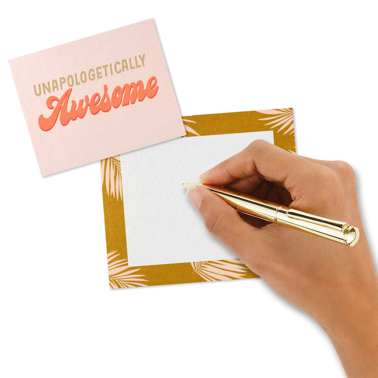 Tropical memo cube set with palm tree and stripe artwork, note pad, displayable prints, and pastel note cards.
