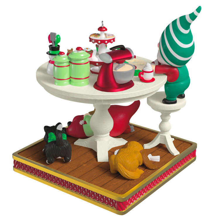 Gnome rolls cookie dough on baking table with hamster and tools, while animals play beneath in this Hallmark Keepsake ornament.