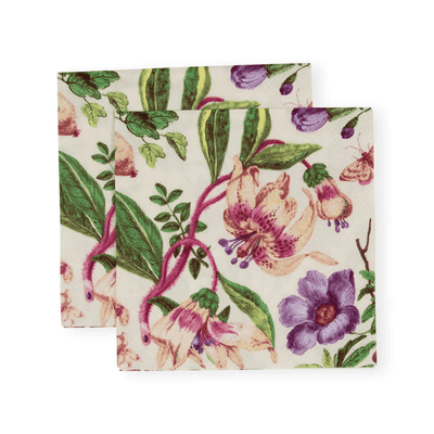 Caspari Porcelain Blooms cocktail napkin in ivory with floral artwork, triple-ply and eco-friendly.