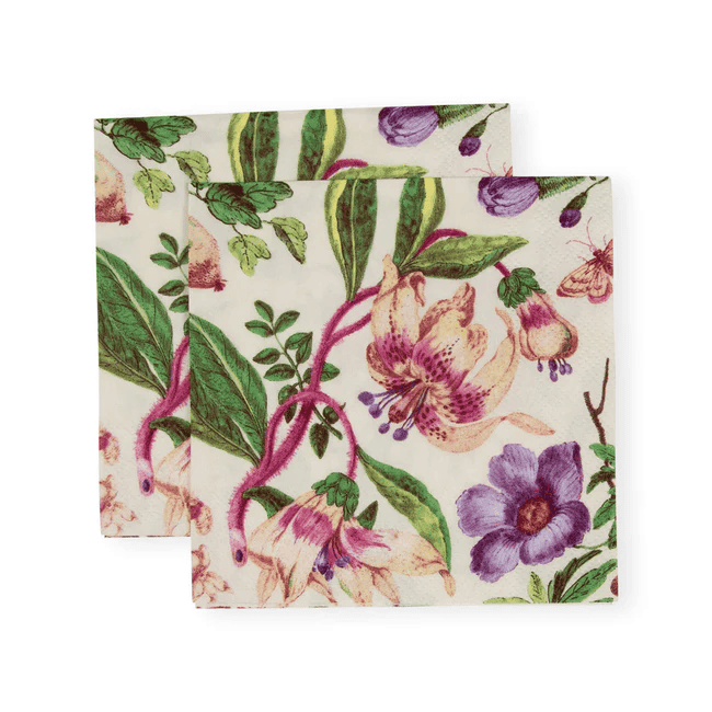 Caspari Porcelain Blooms cocktail napkin in ivory with floral artwork, triple-ply and eco-friendly.