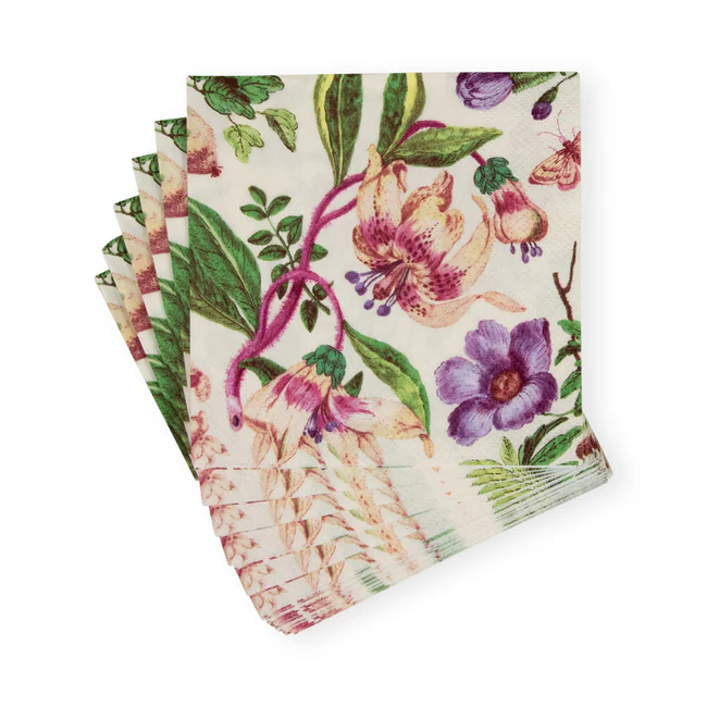 Caspari Porcelain Blooms cocktail napkin in ivory with floral artwork, triple-ply and eco-friendly.