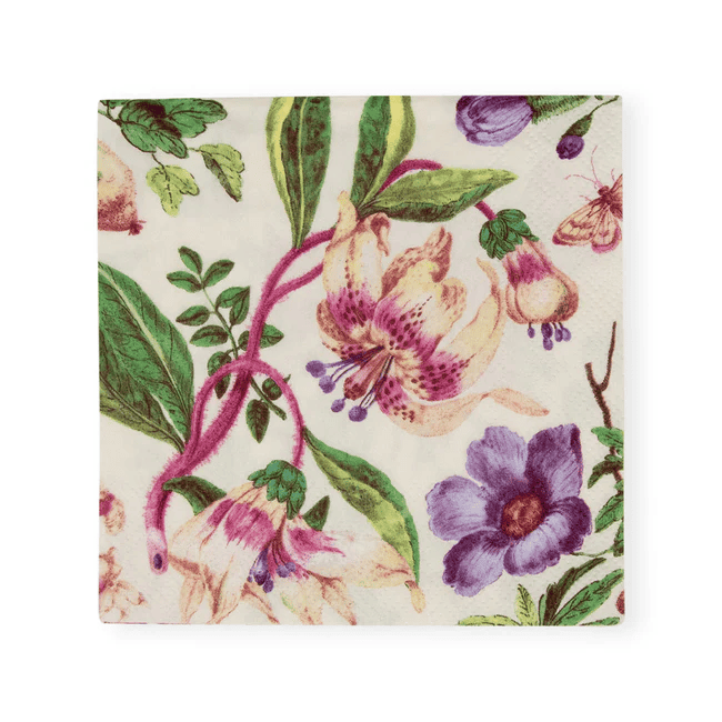 Caspari Porcelain Blooms cocktail napkin in ivory with floral artwork, triple-ply and eco-friendly.