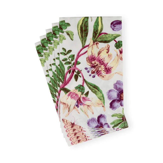 Caspari Porcelain Blooms Ivory guest napkins with floral print, 15-pack, eco-friendly triple-ply tissue.
