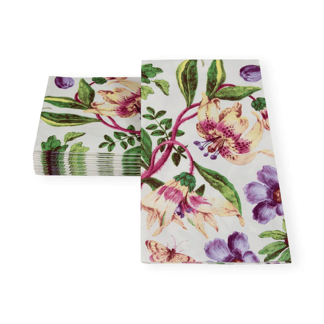 Caspari Porcelain Blooms Ivory guest napkins with floral print, 15-pack, eco-friendly triple-ply tissue.