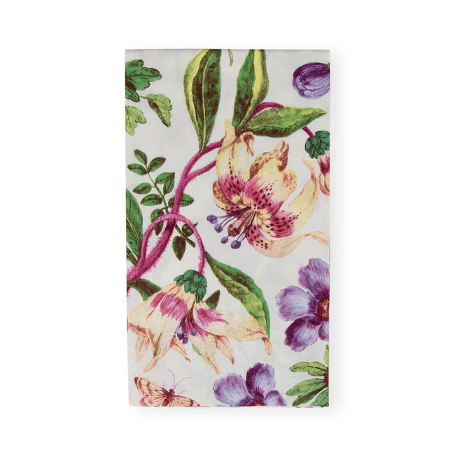 Caspari Porcelain Blooms Ivory guest napkins with floral print, 15-pack, eco-friendly triple-ply tissue.