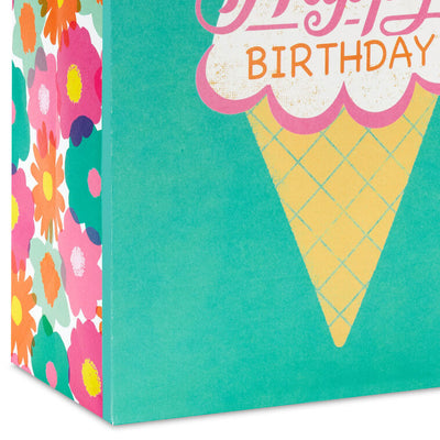 Hallmark birthday gift bag with colorful ice cream cone design, whimsical font, and red foil cherry on green background.