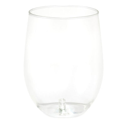 Clear plastic stemless contour glass with center post for holding silicone charms; 19.5 oz capacity, dishwasher safe.