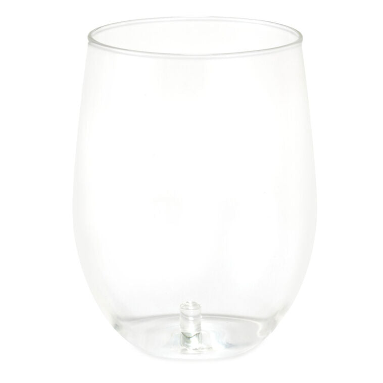 Clear plastic stemless contour glass with center post for holding silicone charms; 19.5 oz capacity, dishwasher safe.