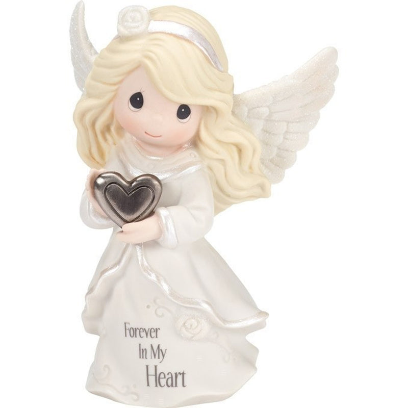 Angel figurine holding silver-toned heart, symbolizing love and remembrance. A comforting gift for those grieving a loss.