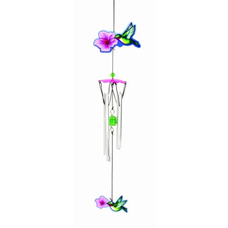 Spoontiques hummingbird wind chime with colorful hummingbird figures and metal chimes for indoor or outdoor home decor.