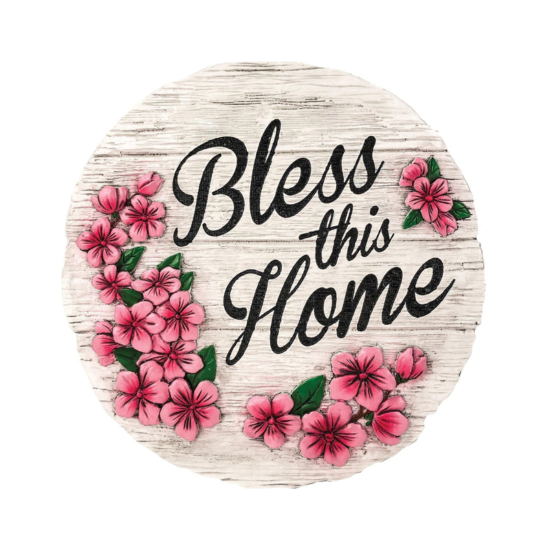 Spoontiques Bless This Home Stepping Stone with floral border, decorative resin plaque for indoor or outdoor use.