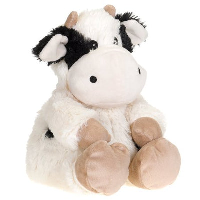 Warmies Black & White Cow plush toy, microwavable and lavender-scented, designed to provide warmth, comfort.