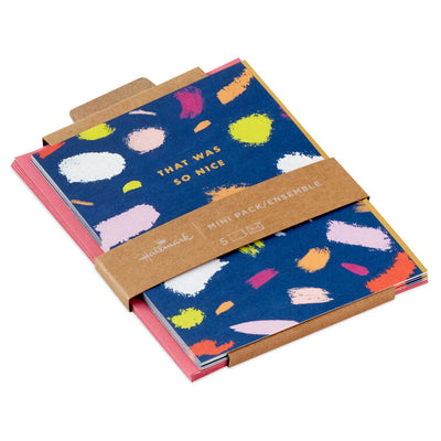 Set of 5 Hallmark mini note cards with multicolor paint dapple brushstrokes and gold foil message “That Was So Nice” on blue, includes envelopes.

