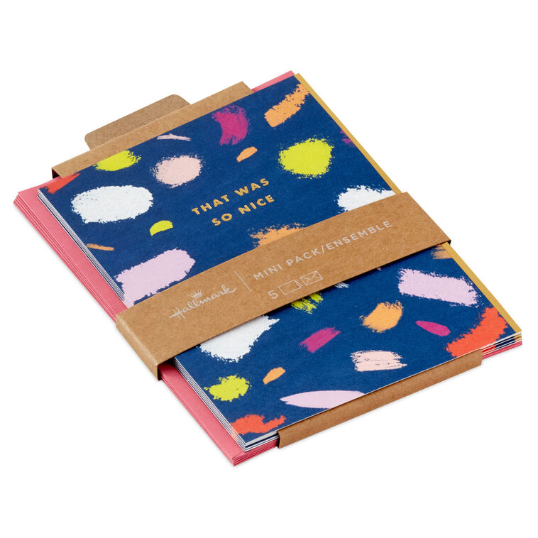 Set of 5 Hallmark mini note cards with multicolor paint dapple brushstrokes and gold foil message “That Was So Nice” on blue, includes envelopes.
