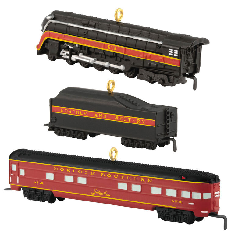 Hallmark Keepsake Mini Lionel Norfolk and Western Passenger Set ornaments—black steam engine, tender car, and red/yellow passenger car, set of three
