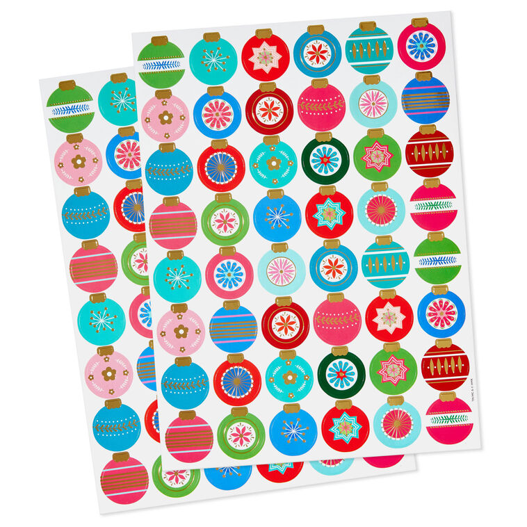 Colorful Christmas Ornament Round Christmas Seals, 2 Sheets