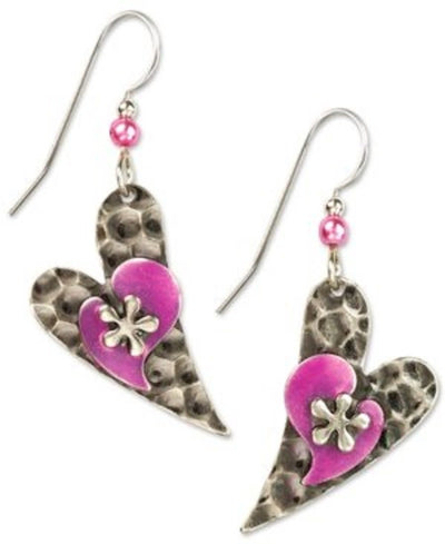 Hammered metal heart dangle earrings with handcrafted silver-tone design.
