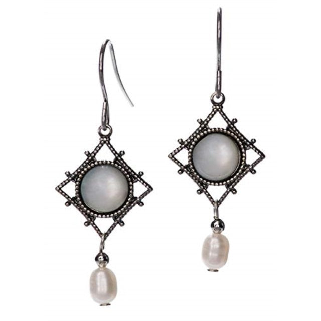Silver Forest silvertone dangle earrings with pearlescent beads and surgical steel earwires, handcrafted in the USA.

