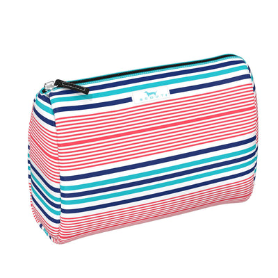 Colorful zippered makeup bag with slim profile and interior pocket, holds full-size bottles and fits easily into totes or luggage.