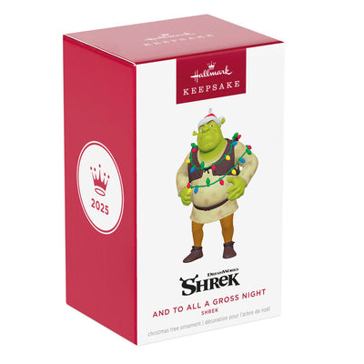 Shrek ornament with Santa hat and tangled Christmas lights around his chest and arms