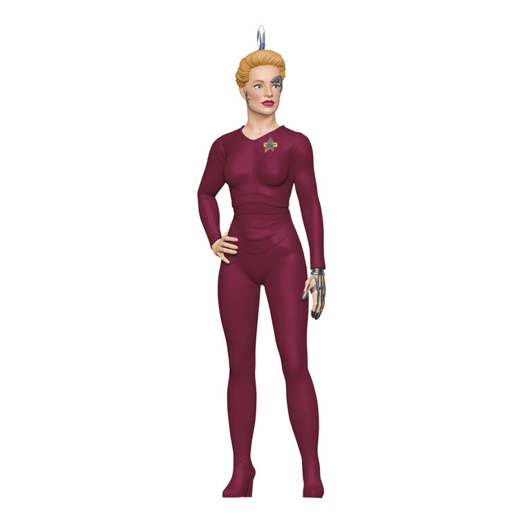 Mini Seven of Nine ornament in maroon suit with visible Borg implants, Hallmark Keepsake Star Trek Voyager Christmas collectible
