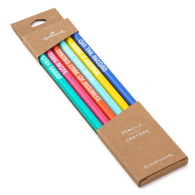 Colorful wooden pencils with motivational messages and white erasers, assorted in blue, pink, aqua, yellow, and orange.
