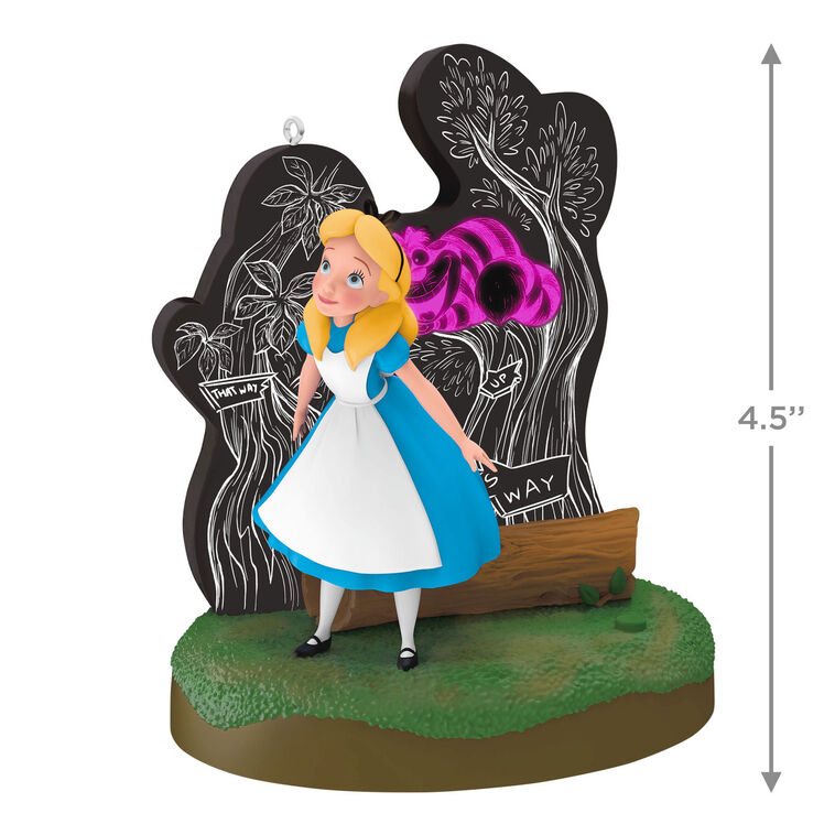 Alice stands in Wonderland before a glowing tree as the Cheshire Cat fades in and out in this Hallmark Keepsake Disney ornament.